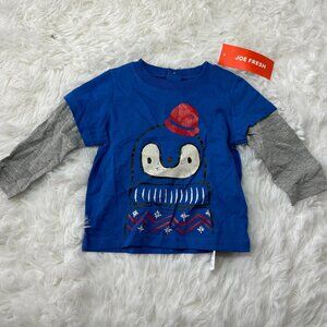 BOYS JOE FRESH LAYERED LONG SLEEVE BLUE T SHIRT WITH A PENGUIN SIZE 3-6 M NWT